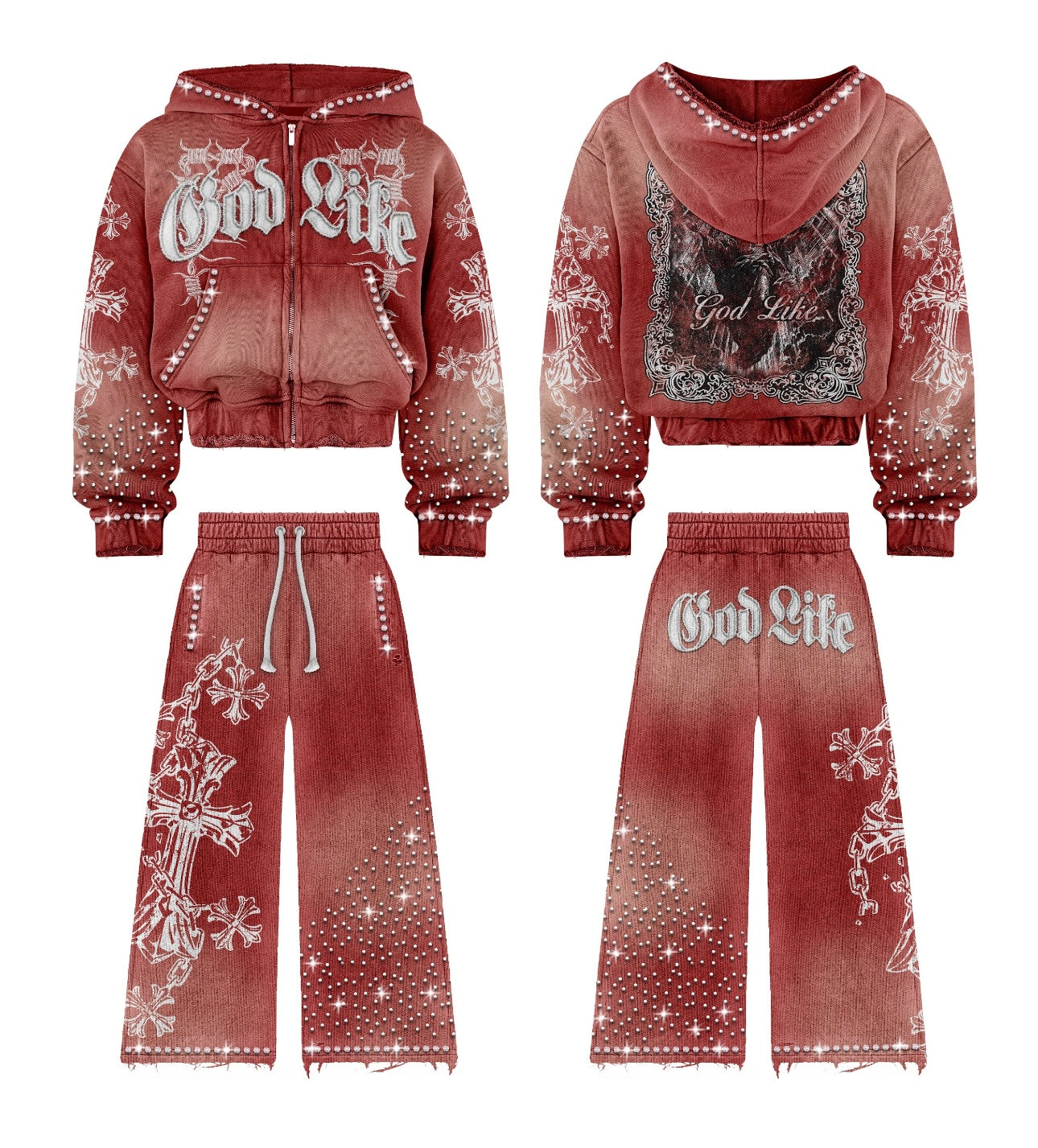 God Like Full Red Baggy Rimstone Sweat Suit