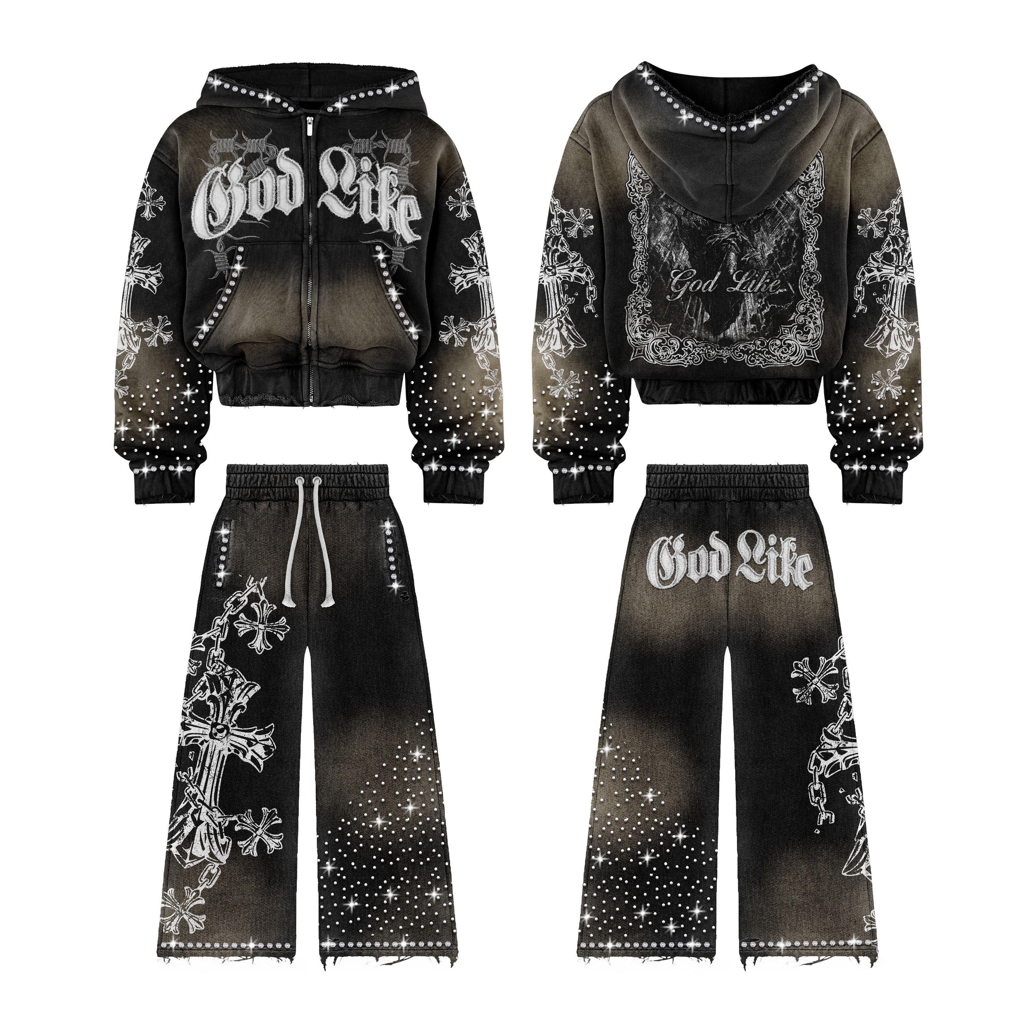 God Like Full Black Baggy Rimstone Sweat Suit