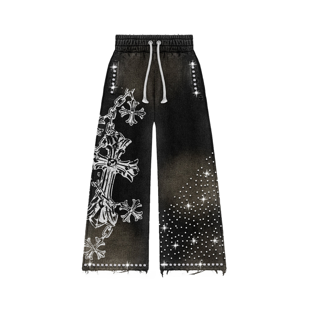 God Like Heavy Duty Black Baggy Rhinestone Sweatpants