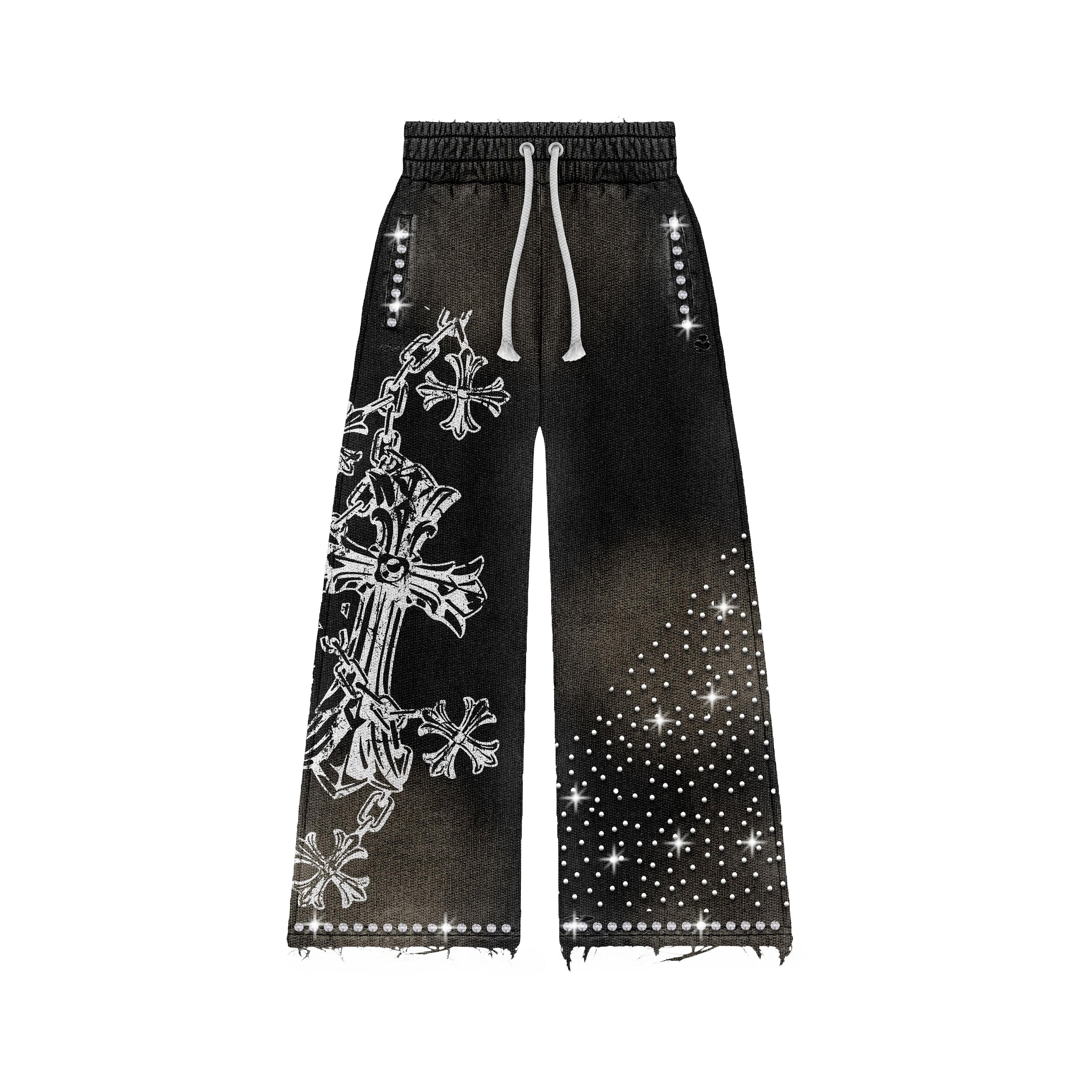 God Like Heavy Duty Black Baggy Rhinestone Sweatpants