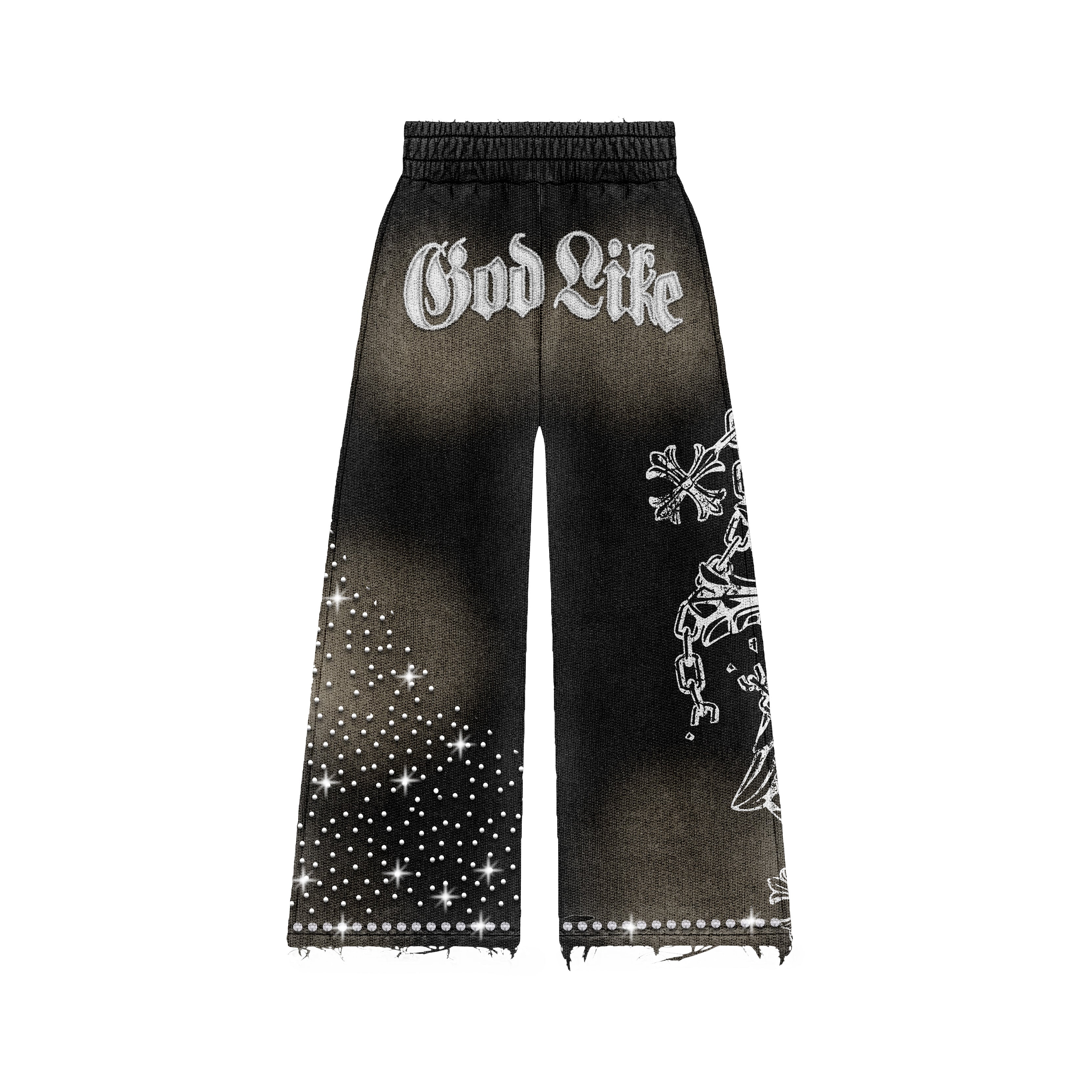 God Like Heavy Duty Black Baggy Rhinestone Sweatpants